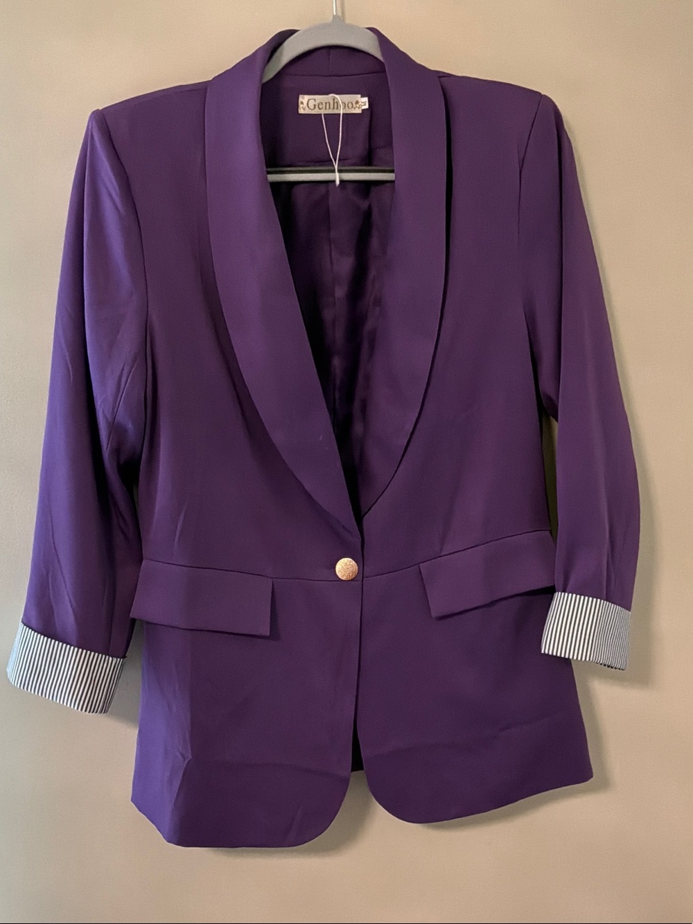 Purple Shawl-Collar Blazer with contrasting pinstriped cuffs